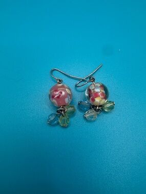 Handmade Pink Floral Glass Bead Drop Earrings
